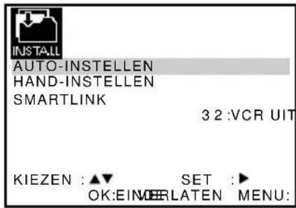 INSTALL AUTO-INSTELLEN HAND-INSTELLEN SMARTLINK 3 2 :VCR UIT KIEZEN : ▲▼ SET : ► OK:EINDELRATEN MENU: