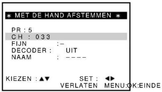 * MET DE HAND AFSTEMMEN * PR : 5 CH : 033 FIJN :- DECODER : UIT NAAM : ---- KIEZEN : ▲▼ SET : ◀► VERLATEN MENU:OK:EINDE