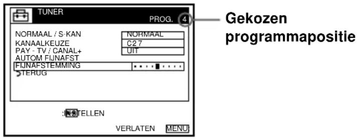 TUNER PROG. 4 NORMAAL / S-KAN KANAALKEUZE PAY - TV / CANAL+ AUTOM FIJNAFST FIJNAFSTEMMING STERUG N3 TELLEN VERLATEN MENU Gekozen programmapositie