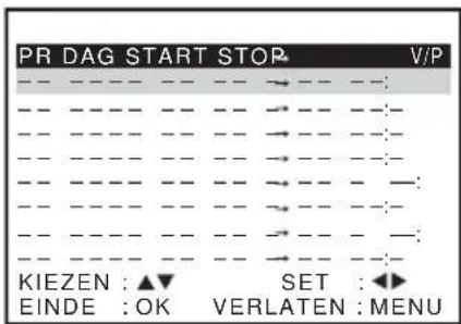 PR DAG START STOP V/P KIEZEN : ▲▼ SET : ◀► EINDE : OK VERLATEN : MENU