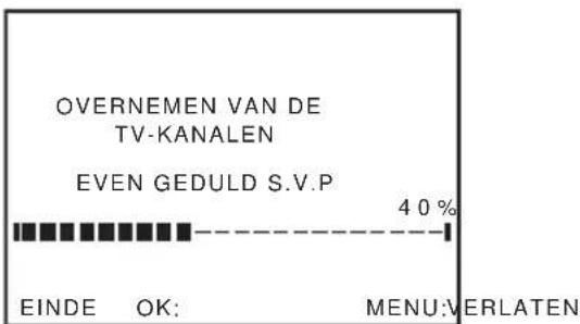 OVERNEMEN VAN DE TV-KANALEN EVEN GEDULD S.V.P 40 % EINDE OK: MENU:VERLATEN