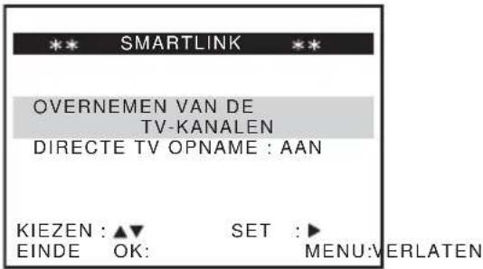*** SMARTLINK *** OVERNEMEN VAN DE TV-KANALEN DIRECTE TV OPNAME : AAN KIEZEN : ▲▼ SET : ► EINDE OK: MENU:VERLATEN
