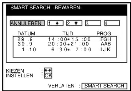 SMART SEARCH -BEWAREN- ANNULEREN 1 2 3 4 DATUM TIJD PROG. 29 .9 14 :00* 15 :00 FGH 30 .9 20 :00*21 :00 AAB 1 .10 6 :3 0* 7 :0 0 IJK KIEZEN :←+ INSTELLEN :OK VERLATEN : SMART SEARCH