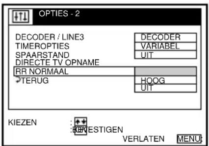 OPTIONS - 2 DECODER / LINE3 TIMEROPTIES SPAARSTAND DIRECTE TV OPNAME RR NORMAAL TERUG DECODER VARIABEL UIT HOOG UIT KIEZEN WESTIGEN VERLATEN MENU