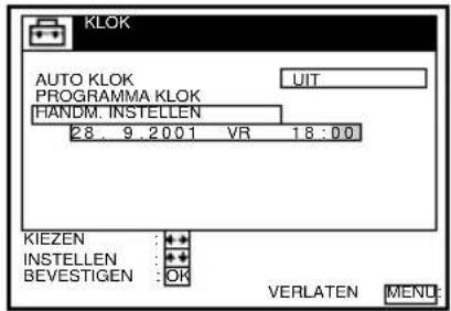 KLOK AUTO KLOK PROGRAMMA KLOK HANDM. INSTELLEN 28. 9.2001 VR 18:00 KIEZEN : * INSTELLEN : * BEVESTIGEN : OK VERLATEN MEND