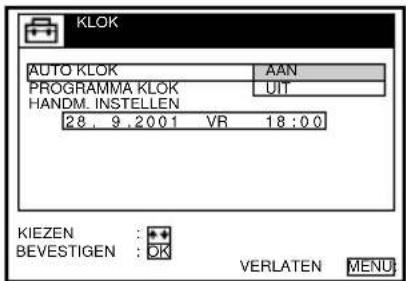 KLOK AUTO KLOK AAN PROGRAMMA KLOK UIT HANDM. INSTELLEN 28, 9,2001 VR 18:00 KIEZEN : + BEVESTIGEN : OK VERLATEN MENU