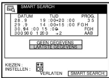SMART SEARCH DATUM TJD PROG. 28 .9 19 :00*20 :00 3 5 29 .9 14 :00*15 :00 FGH 30 .04 :00 15 :00 FGH 300 90 0 1 20 2 AAB GEEN GEGEVENS LAA STE GEGEVENS KIEZEN : INSTELLEN : OK VERLATEN SMART SEARCH: