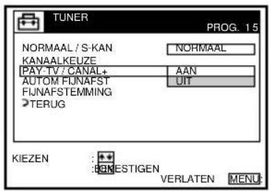 TUNER PROG. 15 NORMAAL / S-KAN KANAALKEUZE PAY-TV / CANAL+ AUTOM FIJNAFST FIJNAFSTEMMING TERUG KIEZEN : BENESTIGEN VERLATEN MENU