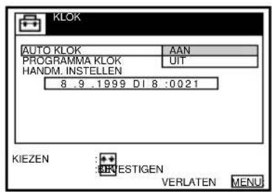 KLOK AUTO KLOK AAN PROGRAMMA KLOK UIT HANDM. INSTELLEN 8 .9 .1999 DI 8 :0021 KIEZEN :+ + :RVESTIGEN VERLATEN MENU