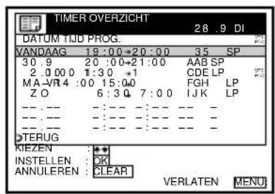 TIMER OVERZICHT 28 .9 DI DATUM TJD PROG. VANDAAG 19:00+20:00 35 SP 30 .9 20 :00+21:00 AAB SP 2 .00 0 1 :30 +1 CDE LP MA-VR4 :00 15:00 FGH LP Z O 6 :30 7 :00 IJK LP ---- - - - - - - ---- - - - - - - ---- - - - - - - DTERUG KIEZEN + + INSTELLEN OK ANNULEREN CLEAR VERLATEN MENU