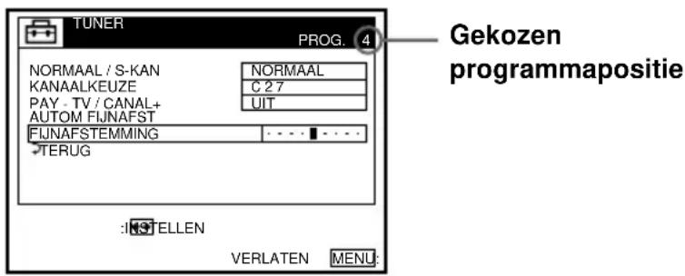 TUNER PROG. 4 NORMAAL / S-KAN KANAALKEUZE PAY - TV / CANAL+ AUTOM FIJNAFST FIJNAFSTEMMING TERUG NORMAAL C 2 7 UIT :INTELLEN VERLATEN MENU:
