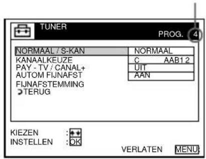 TUNER PROG. NORMAAL / S-KAN KANAALKEUZE PAY - TV / CANAL+ AUTOM FIJNAFST FIJNAFSTEMMING TERUG NORMAAL C AAB12 UIT AAN KIEZEN : + INSTELLEN : DK VERLATEN MENU