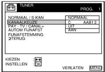 TUNER PROG. 1 NORMAAL / S KAN KANAALKEUZE PAY - TV / CANAL+ AUTOM FIJNAFST FIJNAFSTEMMING >TERUG NORMAAL C AAB12 UIT AAN KIEZEN : + INSTELLEN : DK VERLATEN MENU: