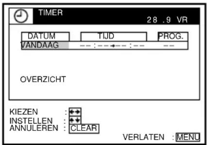 TIMER 28 .9 VR DATUM TIJD PROG. VANDAAG ----:----:----:---- OVERZICHT KIEZEN :+• INSTELLEN :+• ANNULEREN :CLEAR VERLATEN :MENU
