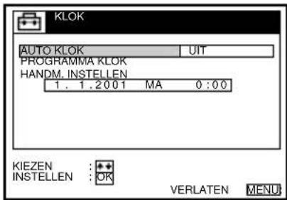KLOK AUTO KLOK UIT PROGRAMMA KLOK HANDM. INSTELLEN 1. 1.2001 MA 0:00 KIEZEN : + INSTELLEN : OK VERLATEN MENU