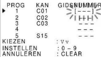PROG KAN GIDSNUMMER 1 C01 [---] 2 C02 I+I 3 C03 --- 4 --- 5 S15 --- KIEZEN : Vv INSTELLEN : 0 - 9 ANNULEREN : CLEAR