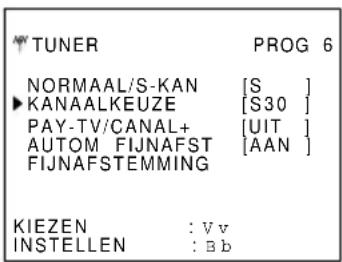 TUNER PROG 6 NORMAAL/S-KAN [S ] KANAALKEUZE [S30 ] PAY-TV/CANAL+ [UIT ] AUTOM FIJNAFST [AAN ] FIJNAFSTEMMING KIEZEN : Vv INSTELLEN : Bb