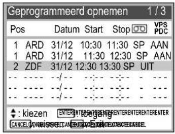 Geprogrammeerd opnemen 1 / 3 Pos Datum Start Stop VPS PDC 1 ARD 31/12 10:30 11:30 SP AAN 1 ARD 31/12 11:30 12:30 SP AAN 2 ZDF 31/12 12:30 13:30 SP UIT - - - - - - - - - - - - - - - - - - - ◆ : kiezen ENTERENTERENTERENTERENTERENTERENTER CANCEL AVENGLISH STATEMENT ENTERED EXCHANGE LABEL
