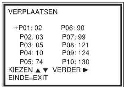VERPLAATSEN →P01: 02 P06: 90 P02: 03 P07: 99 P03: 05 P08: 121 P04: 10 P09: 124 P05: 74 P10: 130 KIEZEN ▲ ▼ VERDER ▶ EINDE=EXIT