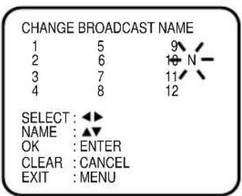 CHANGE BROADCAST NAME 1 5 9 2 6 10 N 3 7 11 4 8 12 SELECT :▲▼ NAME :▲▼ OK : ENTER CLEAR : CANCEL EXIT : MENU