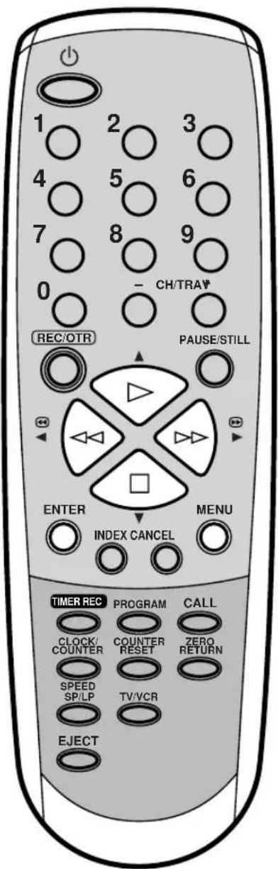 1 2 3 4 5 6 7 8 9 0 - CH/TRAV REC/OTR PAUSE/STILL ENTER INDEX CANCEL MENU TIMER REC PROGRAM CALL CLOCK/ COUNTER COUNTER RESET ZERO RETURN SPEED SP/LP TV/VCR EJECT