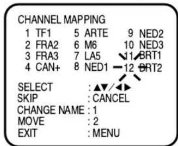 CHANNEL MAPPING 1 TF1 5 ARTE 9 NED2 2 FRA2 6 M6 10 NED3 3 FRA3 7 LA5 11 BRT1 4 CAN+ 8 NED1 -12 BRT2 SELECT :▲/◄► SKIP :CANCEL CHANGE NAME :1 MOVE :2 EXIT :MENU