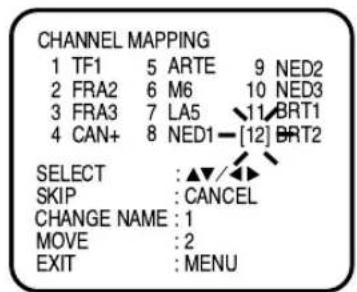 CHANNEL MAPPING 1 TF1 5 ARTE 9 NED2 2 FRA2 6 M6 10 NED3 3 FRA3 7 LA5 11 BRT1 4 CAN+ 8 NED1 - [12] BRT2 SELECT : ▲▼/▲▼ SKIP : CANCEL CHANGE NAME : 1 MOVE : 2 EXIT : MENU