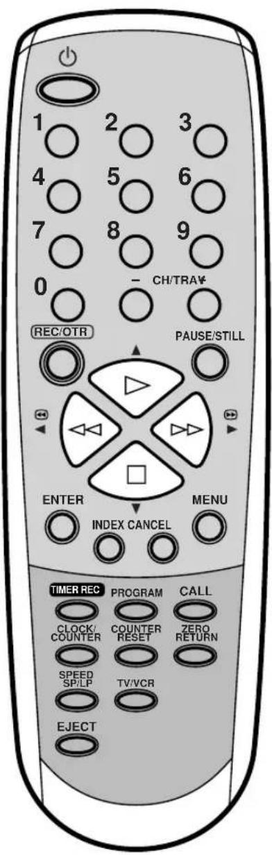 1 2 3 4 5 6 7 8 9 0 - CH/TRAY REC/OTR PAUSE/STILL ENTER INDEX CANCEL MENU TIMER REC PROGRAM CALL CLOCK/ COUNTER COUNTER RESET ZERO RETURN SPEED SP/LP TV/VCR EJECT