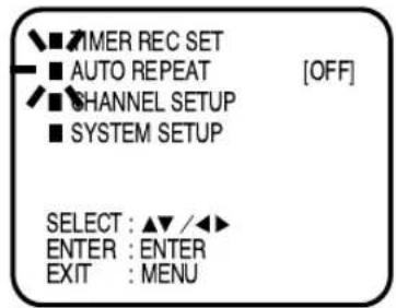 ■ TIMER REC SET ■ AUTO REPEAT ■ CHANNEL SETUP ■ SYSTEM SETUP [OFF] SELECT : ▲▼ / ◀► ENTER : ENTER EXIT : MENU