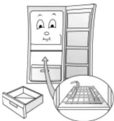 Illustration of a smiling refrigerator with an arrow pointing to a grid-patterned rack, next to a drawer and a magnified inset (no text or symbols)