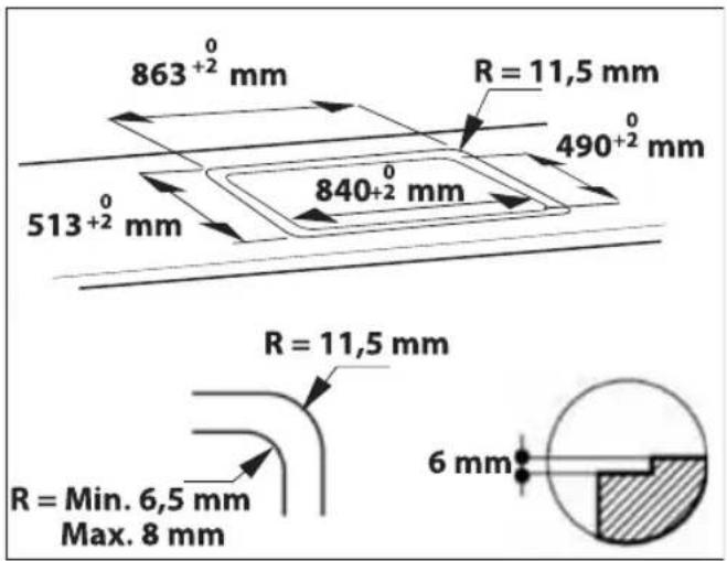 863⁺² mm R = 11,5 mm 490⁺² mm 513⁺² mm 840⁺² mm R = 11,5 mm R = Min. 6,5 mm Max. 8 mm 6 mm