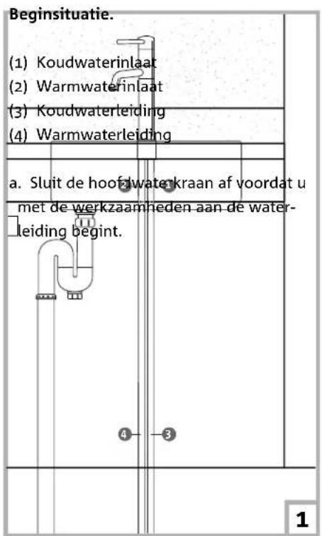 Beginsituatie. (1) Koudwaterinlaat (2) Warmwaterinlaat (3) Koudwaterleiding (4) Warmwaterleiding a. Sluit de hoof water kraan af voordat u met de werkzaamheden aan de water- leiding begint. 4 3 1
