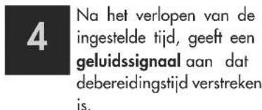 4 Na het verlopen van de ingestelde tijd, geeft een geluidssignaal aan dat debereidingstijd verstreken is.