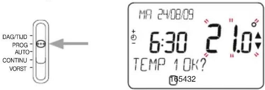DAG/TIJD PROG AUTO CONTINU VORST MA 24/08/09 6:30 21.0° TEMP 1 OK? 165432