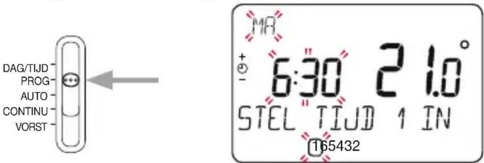 DAG/TIJD PROG AUTO CONTINU VORST MA + - 6:30 21.0° STEL TIJD 1 IN 165432