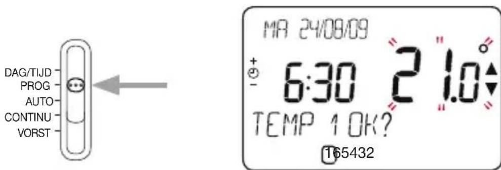 DAG/TIJD PROG AUTO CONTINU VORST MA 24/08/09 6:30 21.0° TEMP 1 OK? 165432