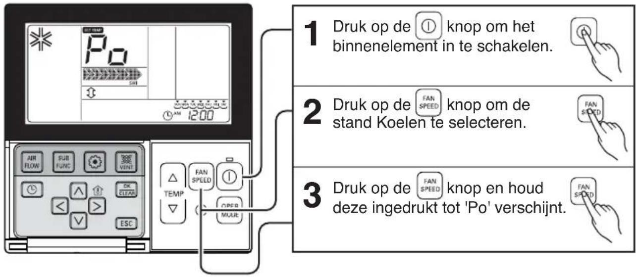 1 Druk op de ① knop om het binnenelement in te schakelen. 2 Druk op de FAN SPEED knop om de stand Koelen te selecteren. 3 Druk op de FAN SPEED knop en houd deze ingedrukt tot 'Po' verschijnt.