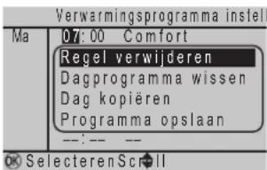 Verwarmingsprogramma instell Ma 07:00 Comfort Regel verwijderen Dagprogramma wissen Dag kopieren Programma opslaan --:-- --