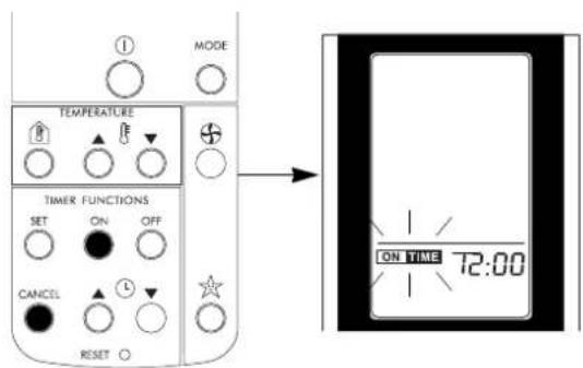 MODE TEMPERATURE TIMER FUNCTIONS SET ON OFF CANCEL RESET ON TIME 72:00