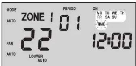 MODE AUTO ZONE 1 0 1 FAN 22 AUTO LOUVER AUTO PERIOD ON MO TU WE TH FR SA SU TIME- 12:00