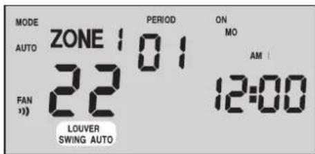 MODE AUTO ZONE 101 FAN 22 LOUVER SWING AUTO PERIOD ON MO AM 12:00