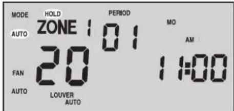 MODE HOLD PERIOD AUTO ZONE 101 MO 20 AM FAN AUTO LOUVER 1:00 AUTO AUTO