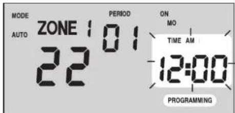 MODE AUTO ZONE 101 22 PERIOD ON MO TIME AM 12:00 PROGRAMMING