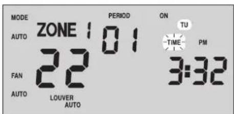MODE AUTO ZONE 1 0 1 FAN 22 AUTO LOUVER AUTO PERIOD ON TU TIME PM 3:32