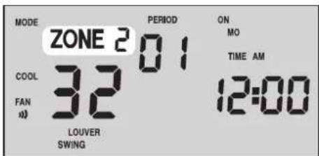 MODE ZONE 2 PERIOD ON MO TIME AM COOL 32 FAN n) LOUVER SWING 12:00