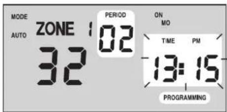 MODE AUTO ZONE 102 32 PERIOD ON MO TIME PM 13:15 PROGRAMMING