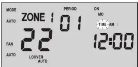MODE AUTO ZONE 101 FAN 22 AUTO LOUVER AUTO PERIOD ON MO TIME-AM 12:00