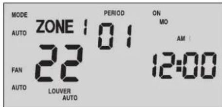 MODE AUTO ZONE 1 01 FAN 22 AUTO LOUVER AUTO PERIOD ON MO AM 12:00