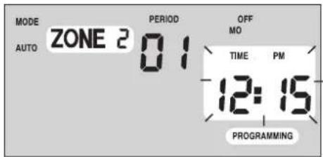 MODE AUTO ZONE 2 PERIOD 01 OFF MO TIME PM 12:15 PROGRAMMING