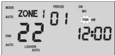 MODE AUTO ZONE 1 01 FAN 22 AUTO LOUVER AUTO PERIOD ON MO TIME -AM 12:00